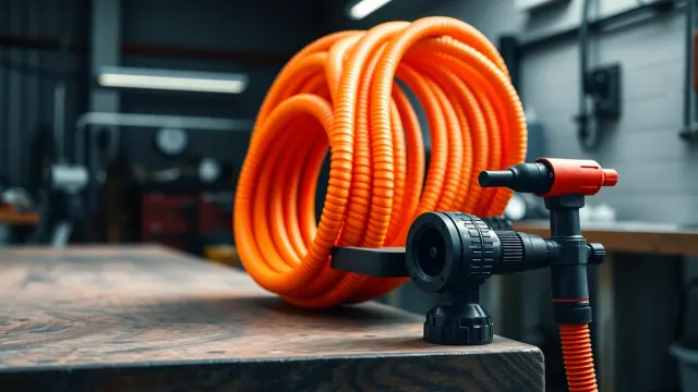 Drain rods and jetting nozzle on a workshop table