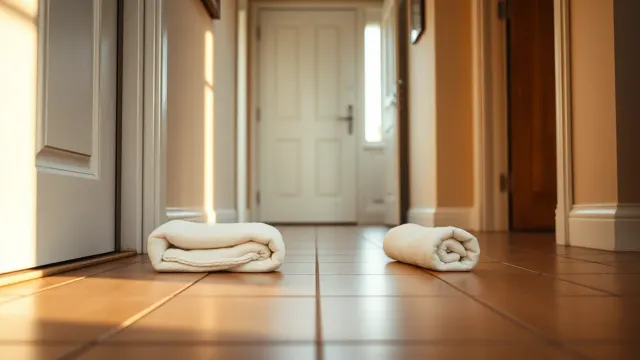 British hallway with towels against door threshold during drain emergency