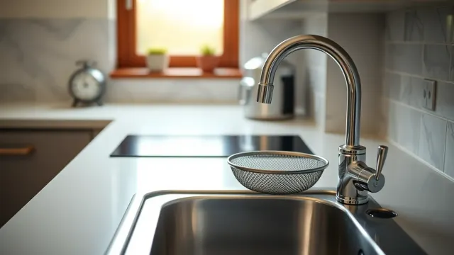British kitchen sink with food strainer on worktop
